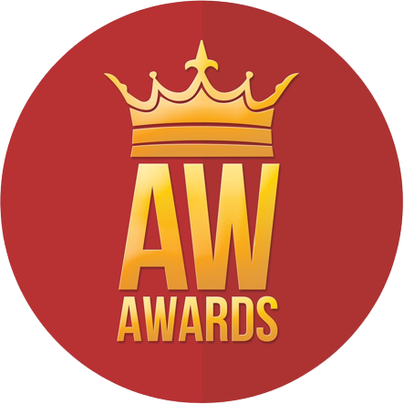 AW Awards Logo - Dark red circle with gold sans-serif type and crown inside