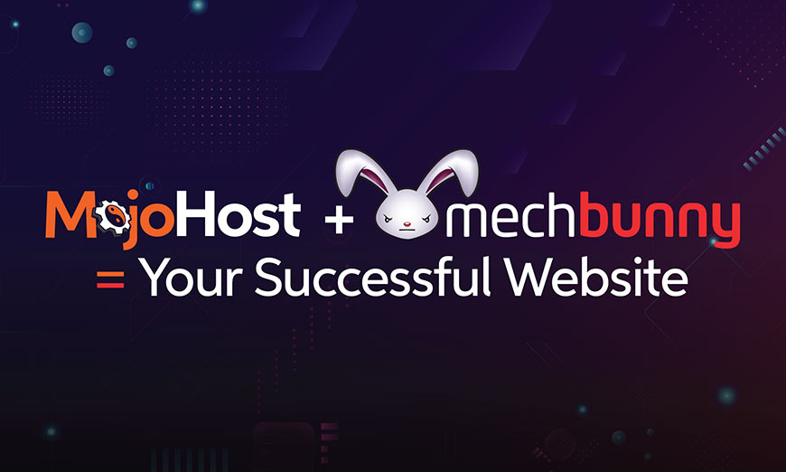 Graphic showing white sans-serif type with MojoHost and Mech bunny logos over technology background