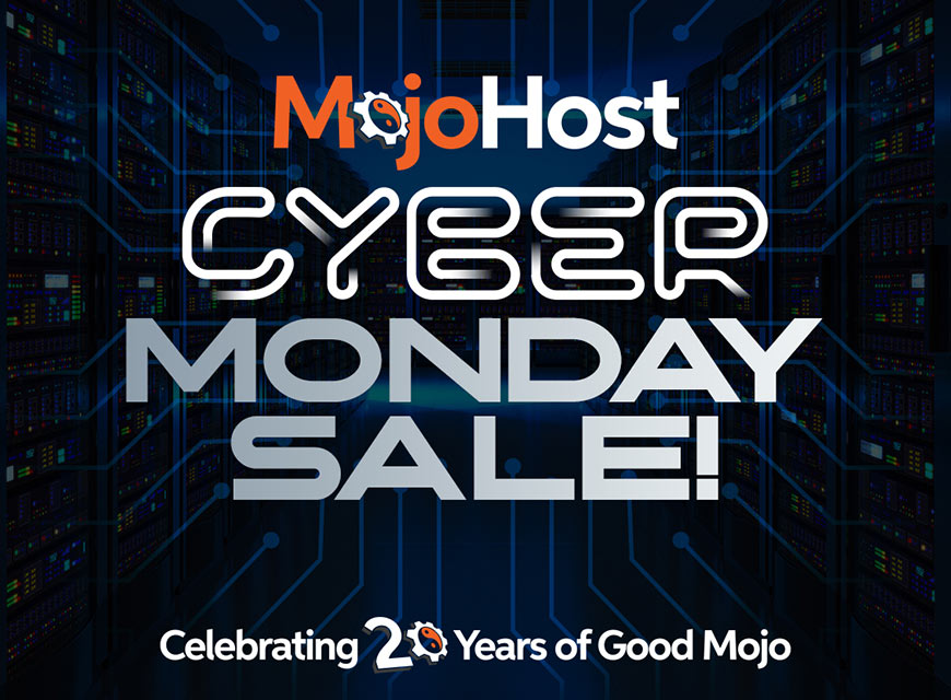 Graphic showing MojoHost logo with white and gray sans-serif type over technology background