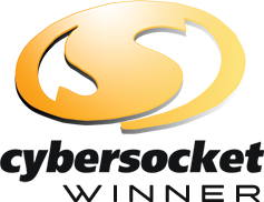 Cybersocket Award Logo - S with swoosh and orange-yellow gradient and black sans-serif type below