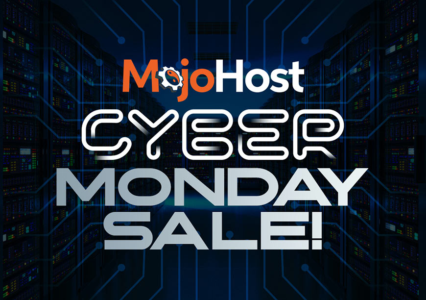 Graphic showing MojoHost logo with white and gray sans-serif type over technology background
