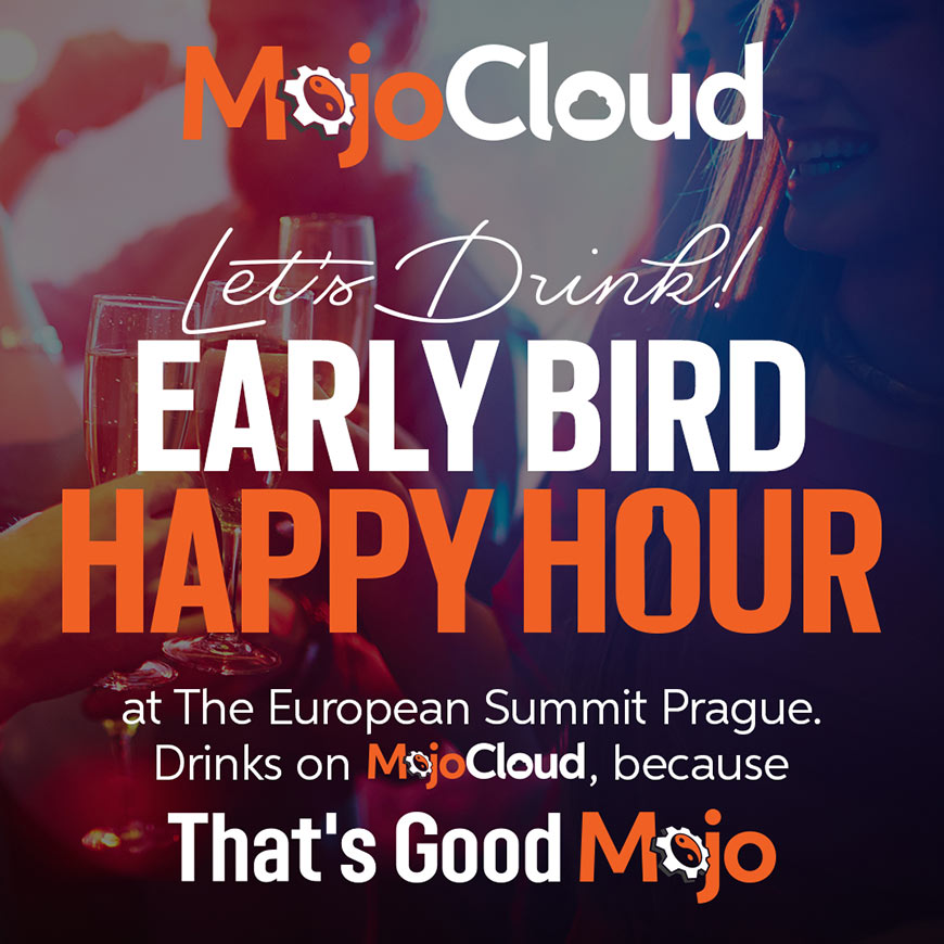 Graphic showing MojoHost logo with white and orange sans-serif type over photo of people drinking champagne