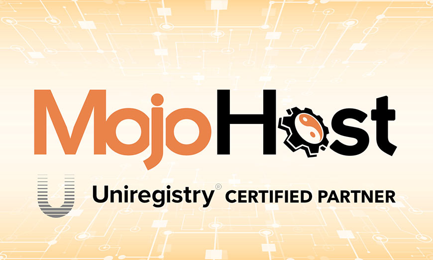Graphic showing MojoHost logo over orange technology background