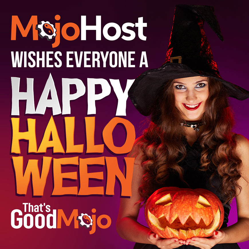Graphic showing MojoHost logo with white and orange sans-serif type and a woman dressed like a witch