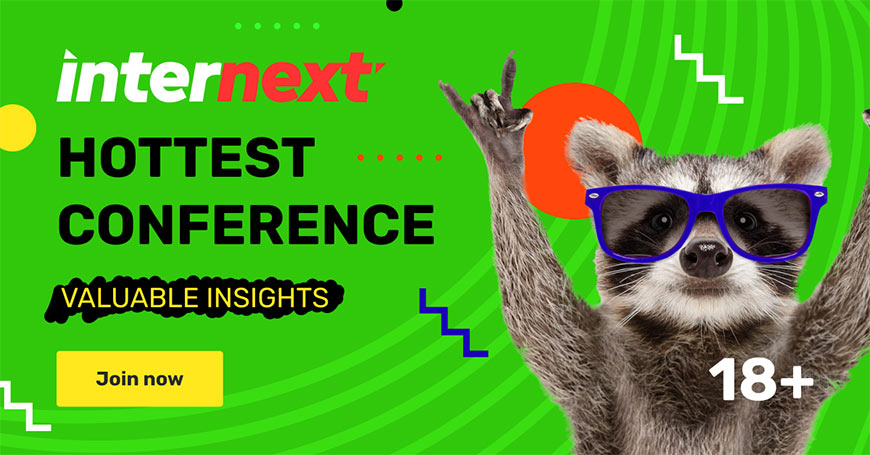 Graphic showing black sans-serif type and Internext logo with photo of a raccoon on green background