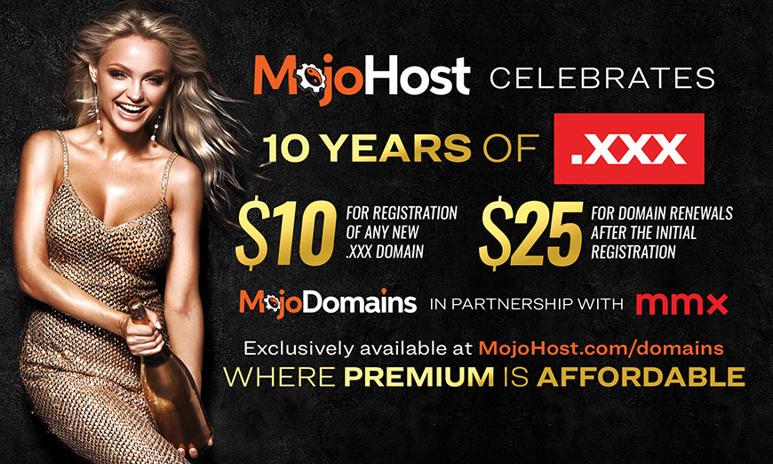 Graphic showing photo of a woman with champagne and MojoHost logo with gold and white sans-serif type on black background