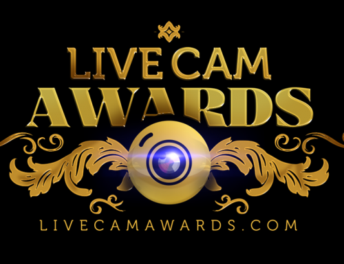 Live Cam Awards Logo - Gold serif type with webcam on black background