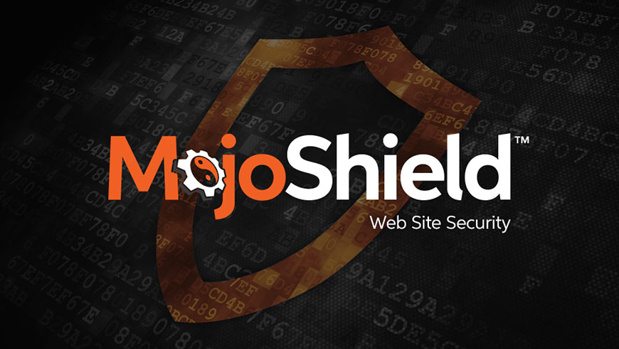 Graphic showing MojoHost logo over orange shield icon on black background with overlaying code and data
