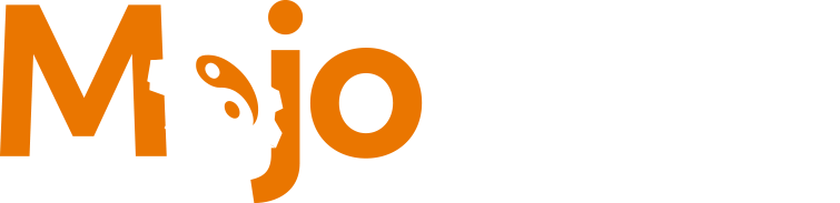 Mojo CDN Logo - Orange and white sans-serif type with cog and yin yang symbol as letter o in Mojo