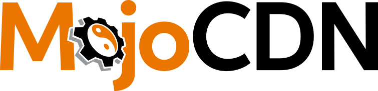 Mojo CDN Logo - Orange and black sans-serif type with cog and yin yang symbol as letter o in Mojo