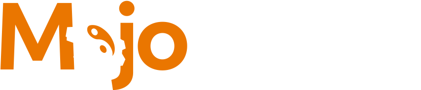 Mojo Cloud Logo - Orange and white sans-serif type with cog and yin yang symbol as letter o in Mojo