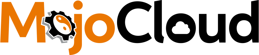Mojo Cloud Logo - Orange and black sans-serif type with cog and yin yang symbol as letter o in Mojo