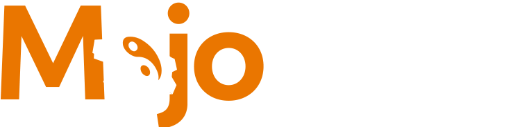 Mojo Colo Logo - Orange and white sans-serif type with cog and yin yang symbol as letter o in Mojo
