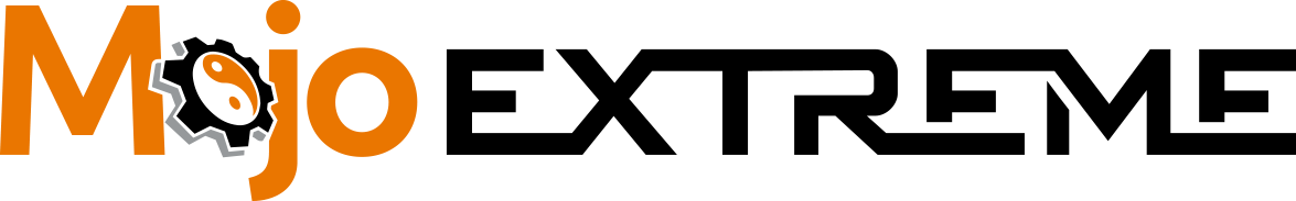 Mojo Exreme Logo - Orange and black sans-serif type with cog and yin yang symbol as letter o in Mojo