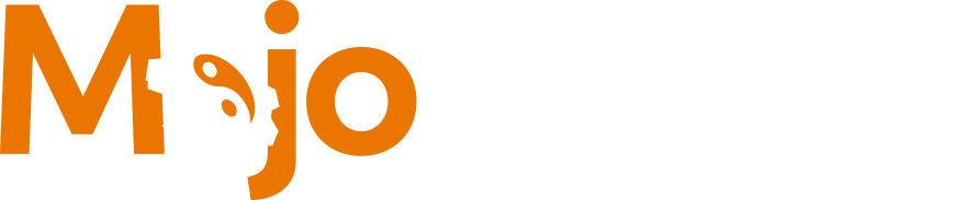 Mojo Host EU Logo - Orange and white sans-serif type with cog and yin yang symbol as letter o in Mojo