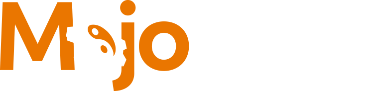 Mojo Host Logo - Orange and white sans-serif type with cog and yin yang symbol as letter o in Mojo