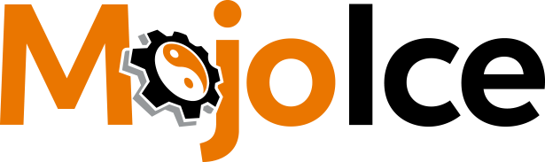 Mojo Ice Logo - Orange and black sans-serif type with cog and yin yang symbol as letter o in Mojo