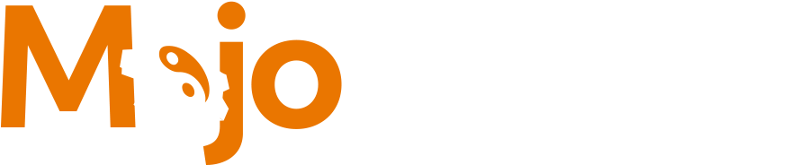 Mojo Shield Logo - Orange and white sans-serif type with cog and yin yang symbol as letter o in Mojo