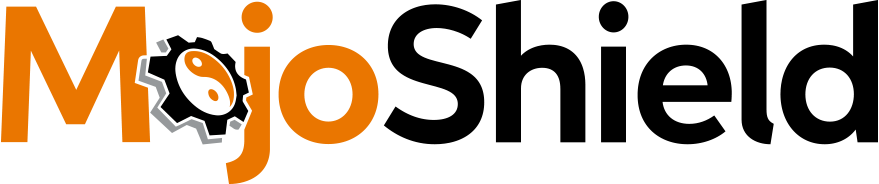 Mojo Shield Logo - Orange and black sans-serif type with cog and yin yang symbol as letter o in Mojo