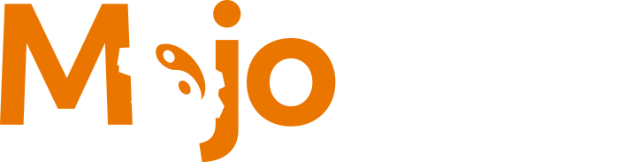 Mojo VPS Logo - Orange and white sans-serif type with cog and yin yang symbol as letter o in Mojo