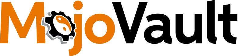 Mojo Vault Logo - Orange and black sans-serif type with cog and yin yang symbol as letter o in Mojo
