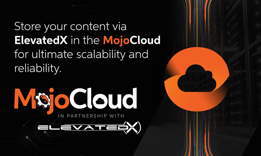 Graphic showing white sans-serif type and MojoHost logo over orange and black cloud background
