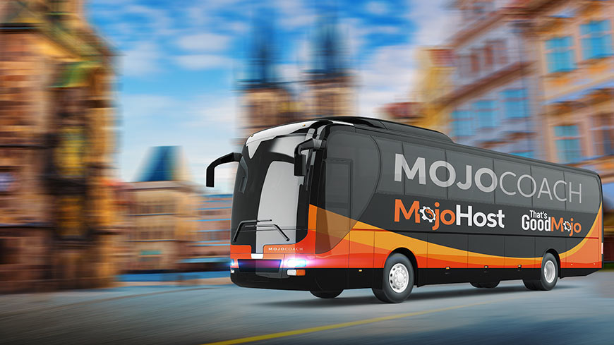 Graphic showing MojoHost bus moving through a city