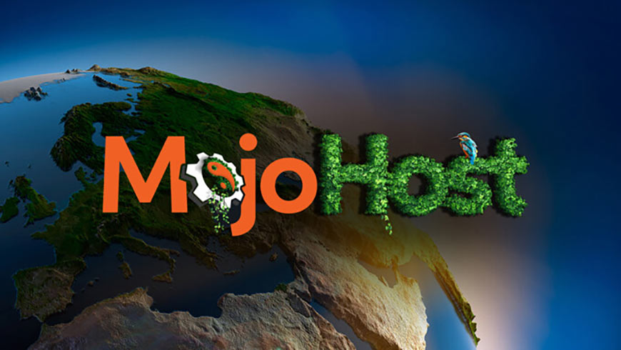 Graphic showing MojoHost logo over illustration of earth