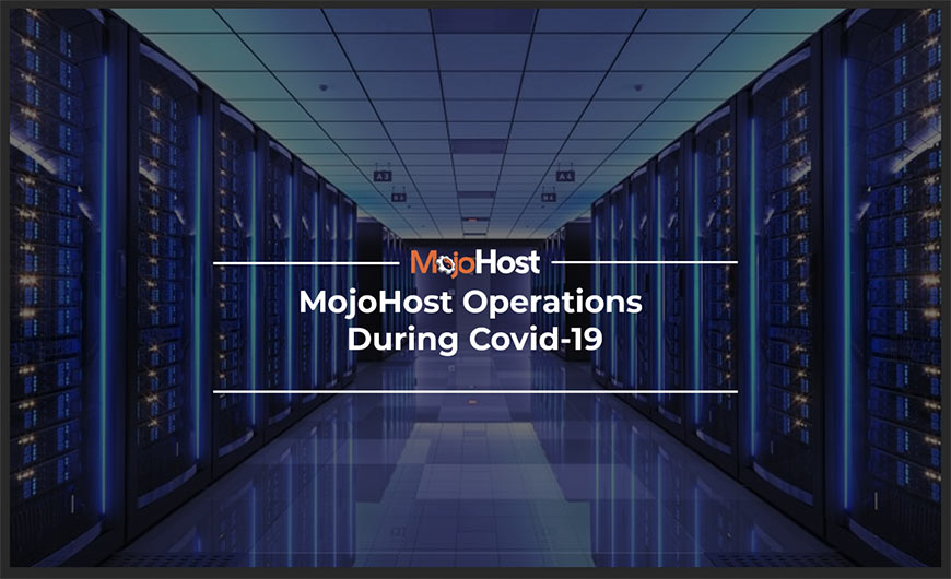 Graphic showing white sans-serif type and MojoHost logo over photo of a data center