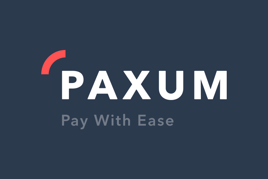 Paxum Logo - White sans-serif type with red curve in upper left on gray background