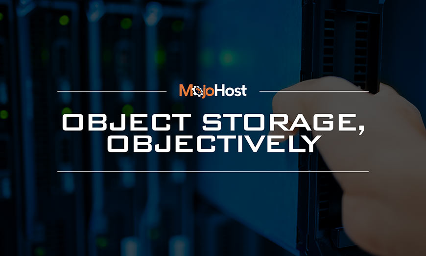 Graphic showing white sans-serif type and MojoHost logo over photo of a person pulling a drive out of a rack