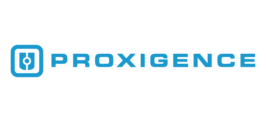 Proxigence Logo - Blue uppercase sans-serif type with icon to left