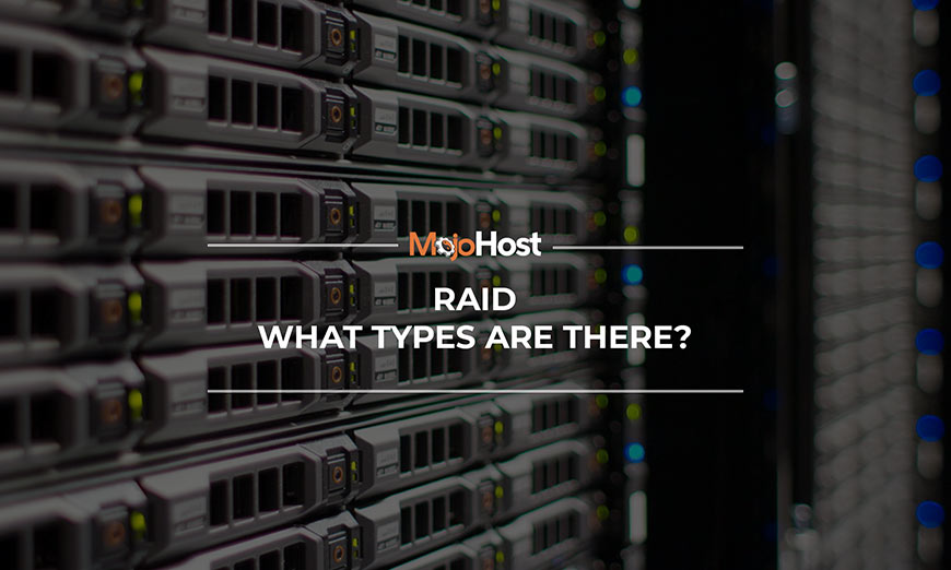 Graphic showing white sans-serif type and MojoHost logo over photo of servers in a rack