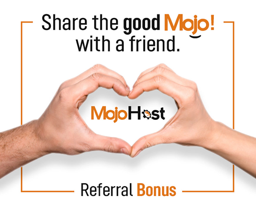 Graphic showing black sans-serif type and MojoHost logo inside person's hands making a heart