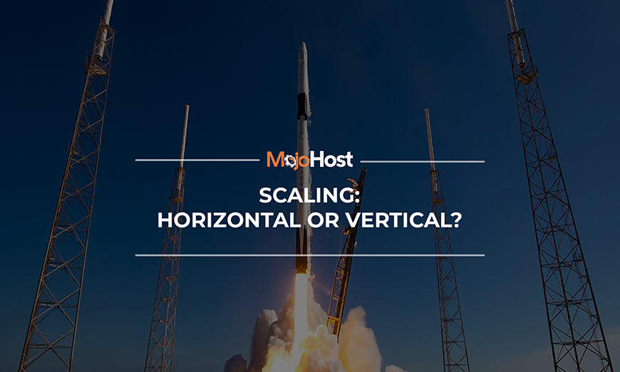 Graphic showing white sans-serif type and MojoHost logo over photo of a rocket launch