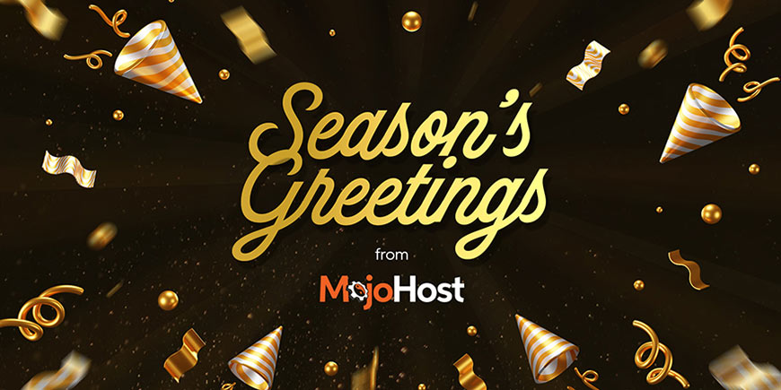 Graphic showing gold script type and MojoHost logo over party illustration