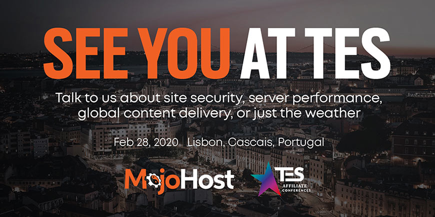 Graphic showing white and orange sans-serif type and MojoHost logo over photo of city