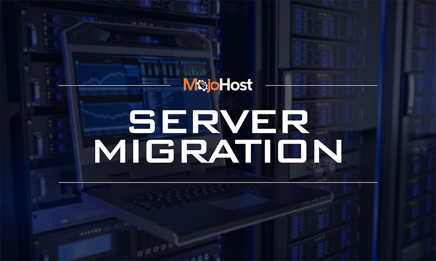 Graphic showing white sans-serif type and MojoHost logo over photo of a data center and laptop