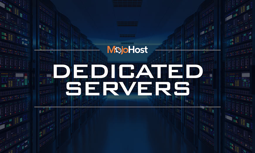 Graphic showing white sans-serif type and MojoHost logo over photo of a data center