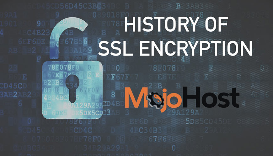 Graphic showing white sans-serif type and MojoHost logo over illustration of padlock and code