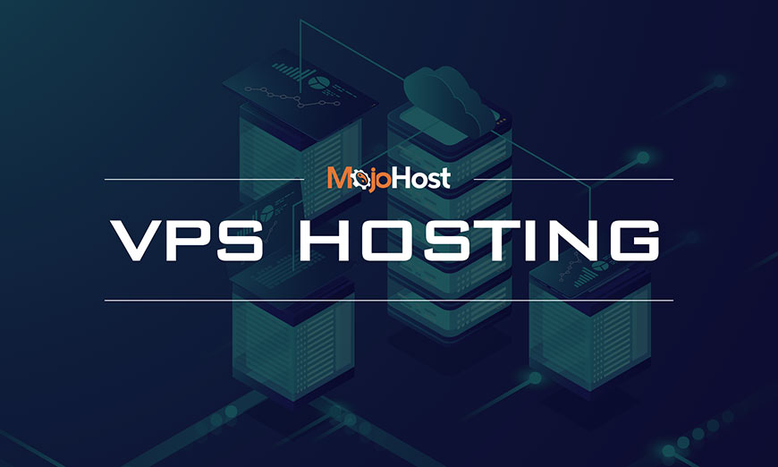 Graphic showing white sans-serif type and MojoHost logo over illustration of server network