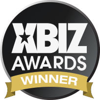 XBIZ Award Logo - Black circle with white sans-serif type inside and gold banner across bottom