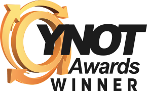 YNOT Award Logo - Black sans-serif type with circular arrows icon to left