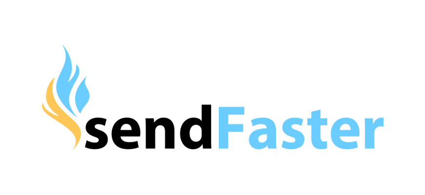 SendFaster Logo - Sans-serif blue and black type with yellow and blue flame on left