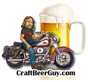 Craft Beer Guy Logo - Illustration of a man on a motorcycle and a mug of beer in background