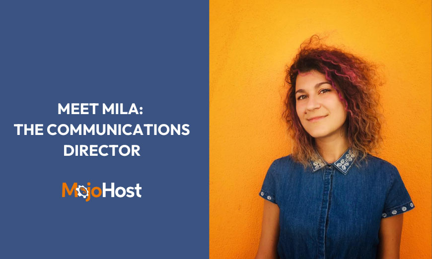 Graphic showing photo of Mila Staneva with MojoHost logo and white sans-serif type to left over blue background