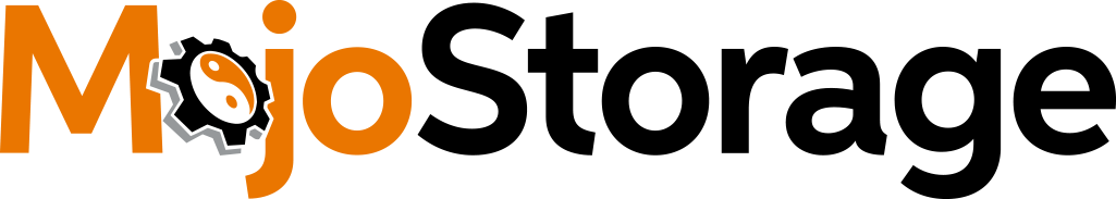 Mojo Storage Logo - Orange and black sans-serif type with cog and yin yang symbol as letter o in Mojo