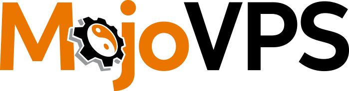 Mojo VPS Logo - Orange and black sans-serif type with cog and yin yang symbol as letter o in Mojo