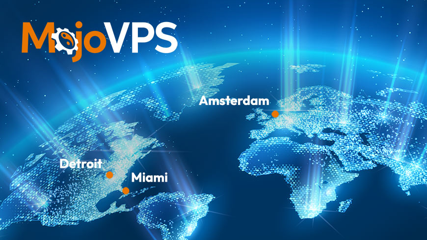 Graphic showing MojoVPS logo over illustration of a globe highlighting 3 locations