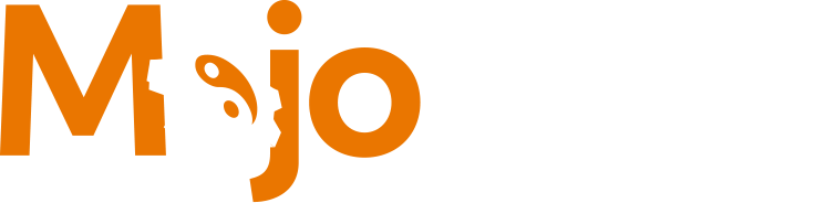 Mojo Sign Logo - Orange and white sans-serif type with cog and yin yang symbol as letter o in Mojo